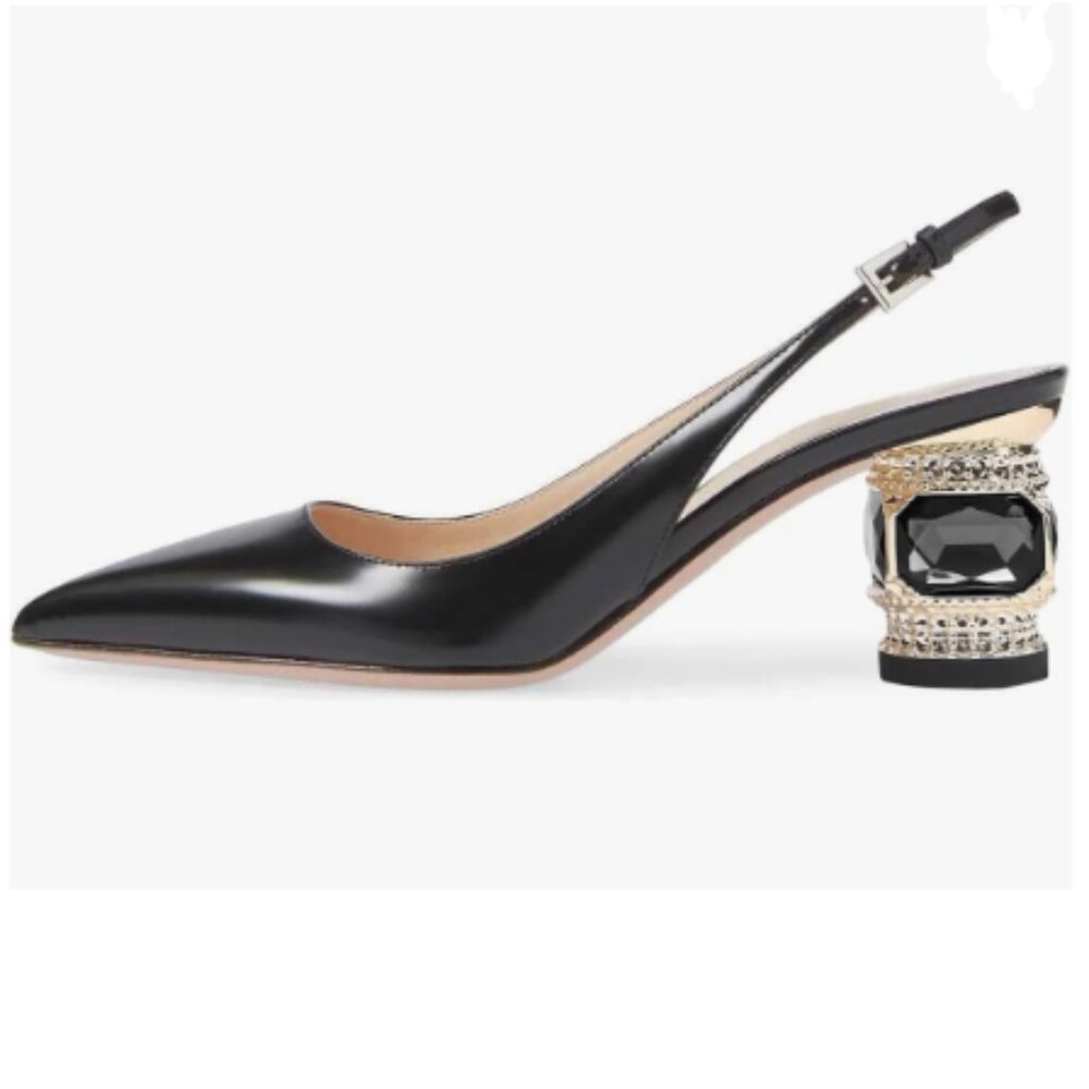 FSJ Black Women's Pointed Toe Slingback Rhinestone Heel Pumps